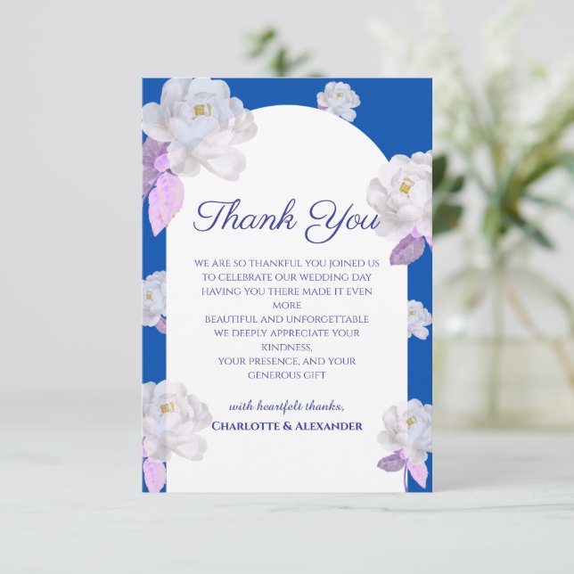 Blaue Blumenbogen-Hochzeit-Dankeskarten Dankeskarte (Stehend Vorderseite)