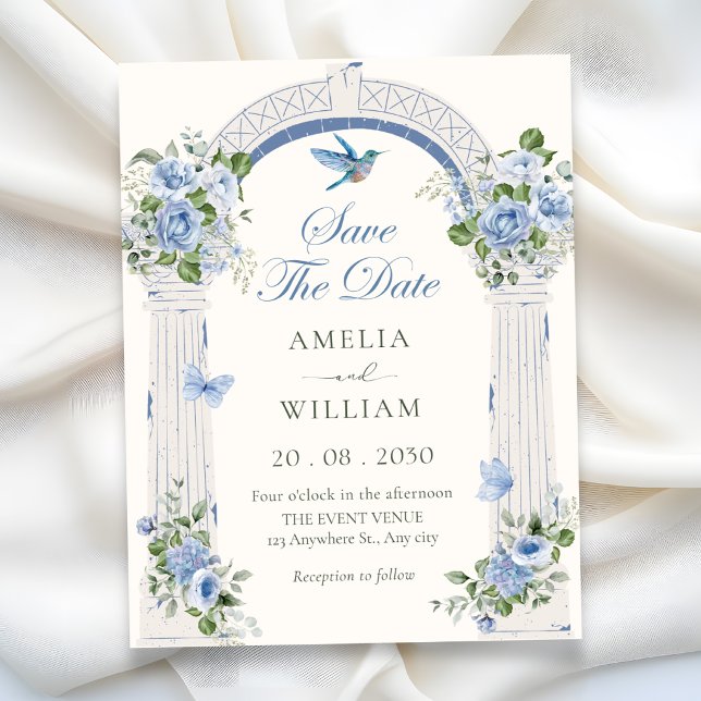 Blaue Blumenbogen-Hochzeit Save The Date (Von Creator hochgeladen)