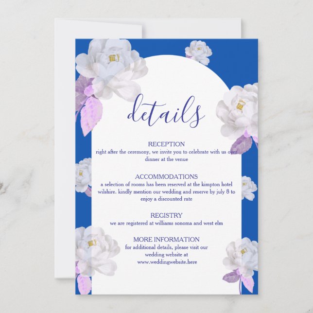 Blaue Blumenbogen-Hochzeitsdetails Karte (Vorderseite)