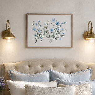 Blaue Blumenbouquet- und Schmetterlings-Aquarell Poster