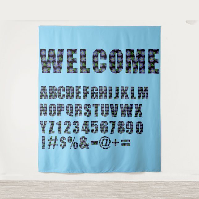 Blaue Blumenbriefe machen Ihren eigenen Hintergrun Wandteppich (Vorderseite)
