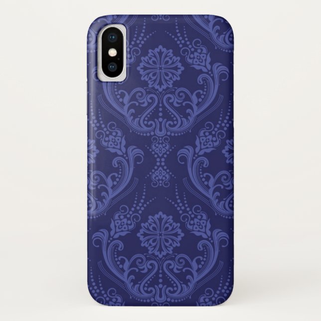Blaue Blumendamastluxustapete Case-Mate iPhone Hülle (Rückseite)