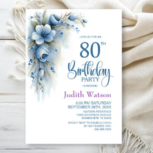 Blaue Blumeneinladung zum 80. Geburtstag Einladung