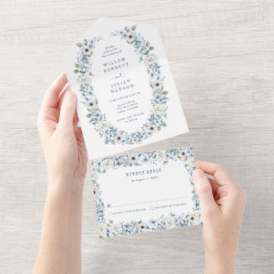 Blaue Blumenelemente zur Hochzeit All In One Einladung