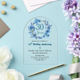 Blaue Blumengoldrahmen 30. Hochzeitstag Acryleinladungen