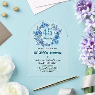 Blaue Blumengoldrahmen 45. Hochzeitstag Acryleinladungen
