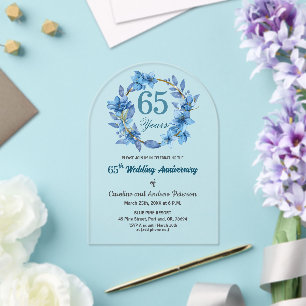 Blaue Blumengoldrahmen 65. Hochzeitstag Acryleinladungen