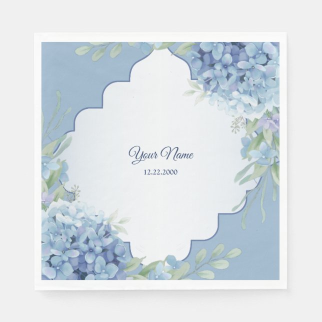 Blaue Blumengrüne Blätter Rahmen Hochzeitsfeier Serviette (Vorderseite)
