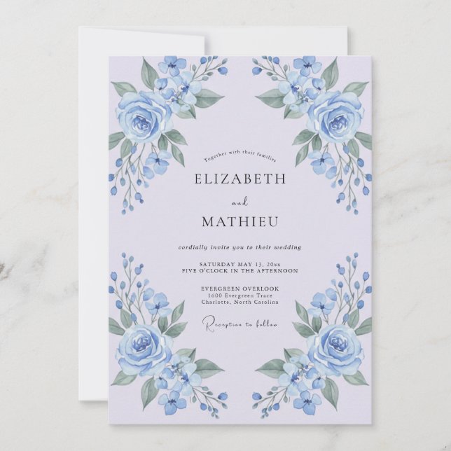 Blaue Blumenhochzeit Einladung (Vorderseite)