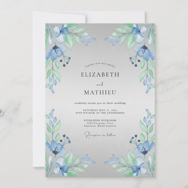 Blaue Blumenhochzeit Einladung (Vorderseite)