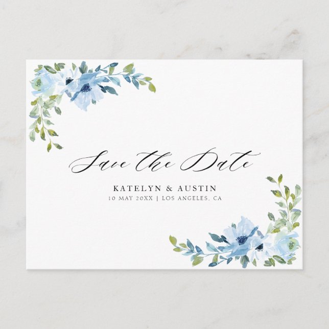 Blaue Blumenhochzeit speichern das Datum Postkarte (Vorderseite)