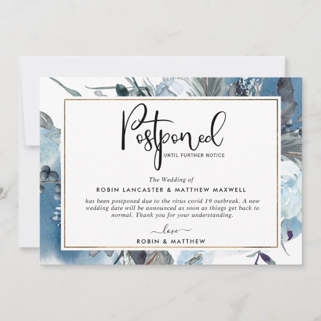 Blaue Blumenkarte für verzögerte Ereignisankündigu Einladung (Vorderseite)