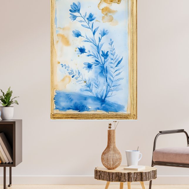 Blaue Blumenkomposition. Typ: Gerahmtes Dekorativ  Poster (Wohnzimmer 3)