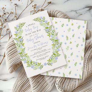 Blaue Blumenkranz Boho Baby Jungen Shower Einladung