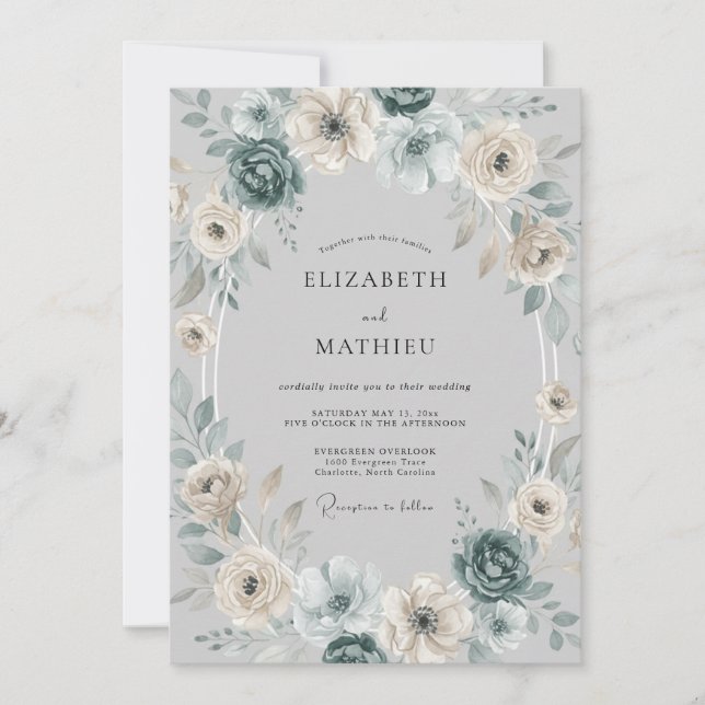 Blaue Blumenkranz-Hochzeit Einladung (Vorderseite)