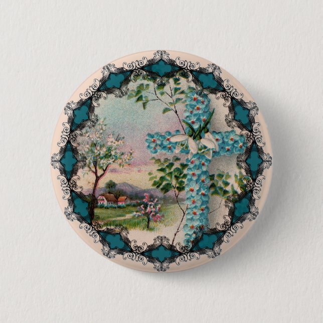 Blaue Blumenkreuz-Osterknopf Button (Vorderseite)