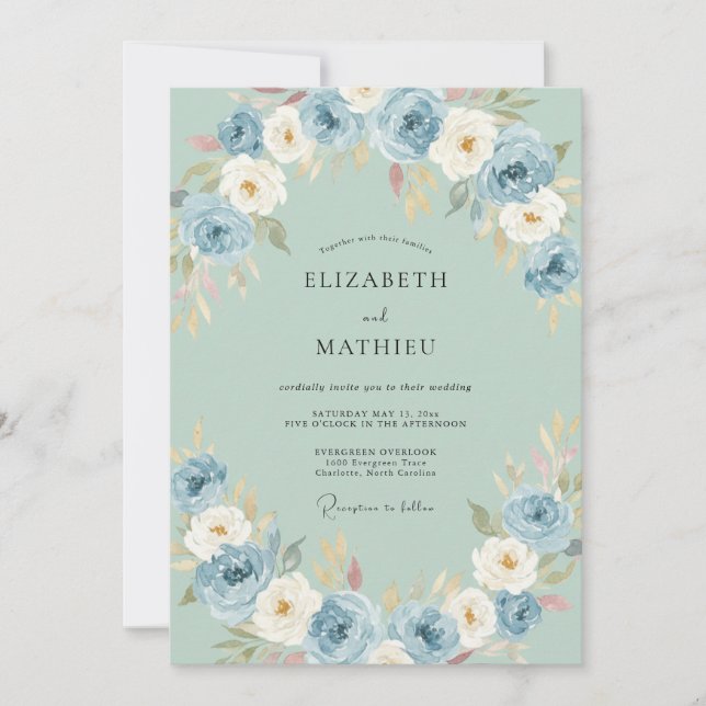 Blaue Blumenkunst-Hochzeit Einladung (Vorderseite)