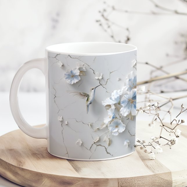 Blaue Blumenmuster Add Name Kolibri Kaffeetasse (Von Creator hochgeladen)