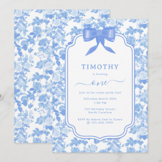 Blaue Blumenrosen Chinoiserie 1. Jungen-Geburtstag Einladung