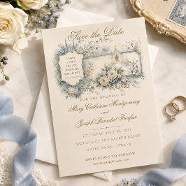 Blaue Blumenskizzen-Hochzeit mit Vintage-Schriftzu Save The Date