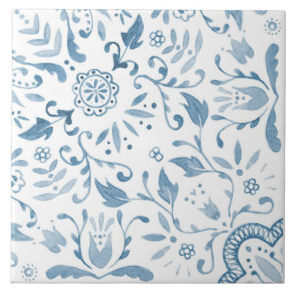Blaue Blumenwasserfarbe Nahtloses Fliesenmuster Fliese