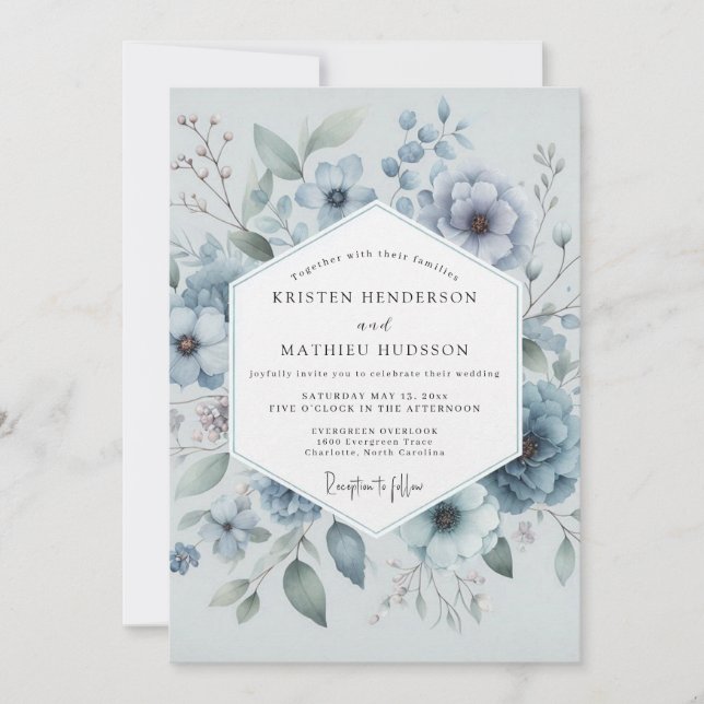 Blaue Blumenwiese Hochzeit Einladung (Vorderseite)