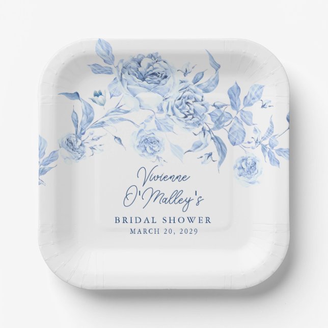 Blaue Blumige Brautparty Pappteller (Vorderseite)