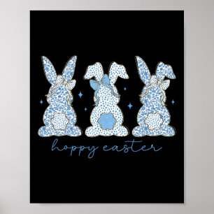 Blaue Blumige Chinoiserie Frohe Ostern Drei Häsche Poster