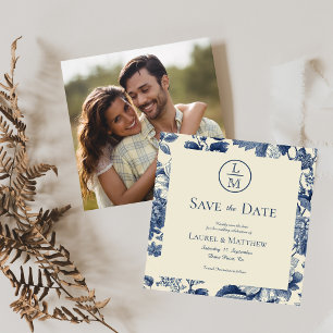Blaue Blumige Foto-Hochzeit - Rettet das Datum Save The Date