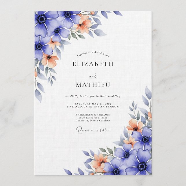 Blaue Blumige Hochzeit Einladung (Vorderseite)