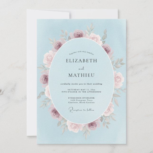 Blaue Blumige Hochzeit Einladung (Vorderseite)