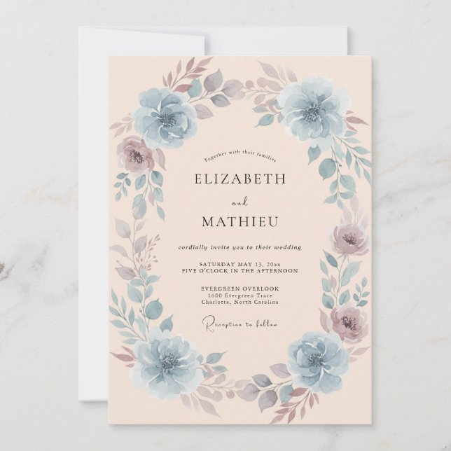 Blaue Blumige Hochzeit Einladung (Vorderseite)