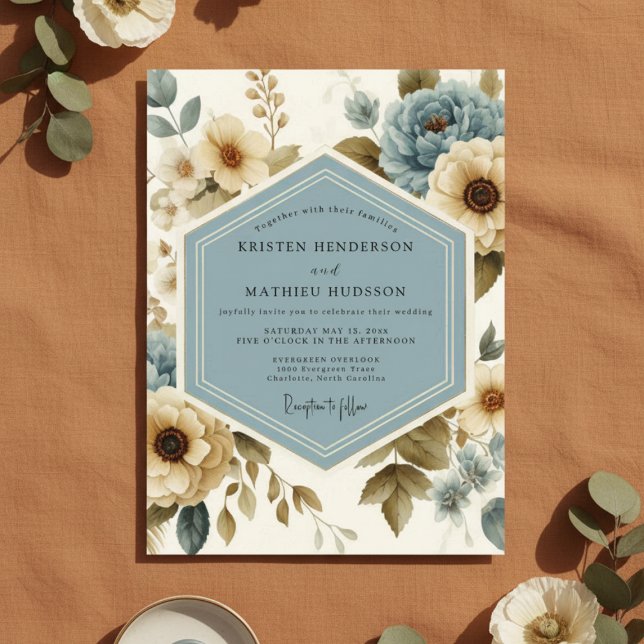 Blaue Blumige Hochzeit Einladung (Von Creator hochgeladen)