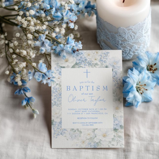 Blaue Blumige Jungen Taufe Einladung (Von Creator hochgeladen)