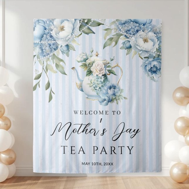 Blaue Blumige Muttertags-Teeparty-Kulisse Wandteppich (Elegant Blue Floral Mother's Day Tea Party backdrop)