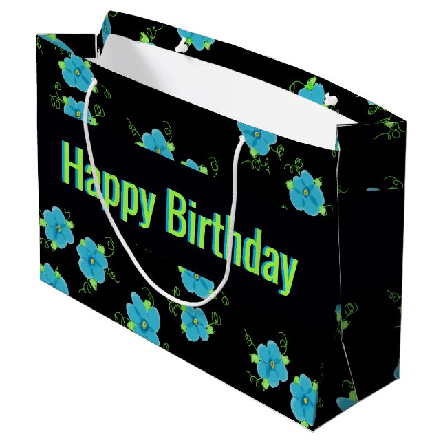 Blaue Blüte mit Schwarz Große Geschenktüte (Rückseite Schrägansicht)