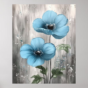 Blaue Blüten auf Grau-Holz-Malerei Poster