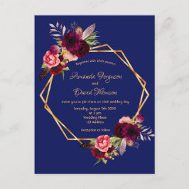 Blaue Blüten Bordeaux Hochzeitseinladung Postkarte