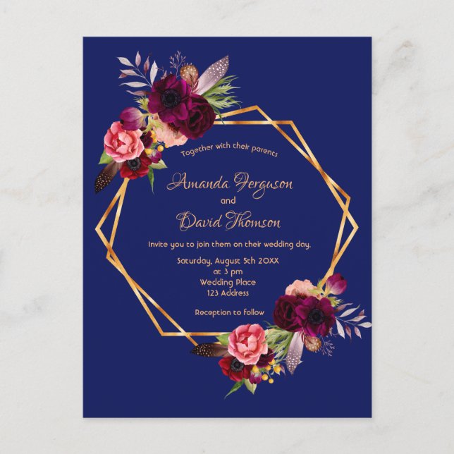Blaue Blüten Bordeaux Hochzeitseinladung Postkarte (Vorderseite)