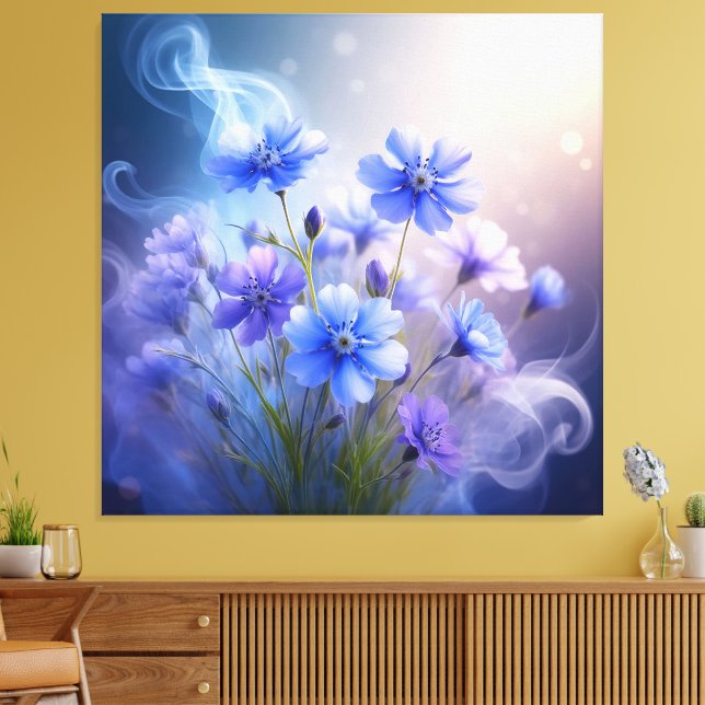 Blaue Blüten mit ätherischem Nebel Leinwanddruck (Insitu (Wohnzimmer))