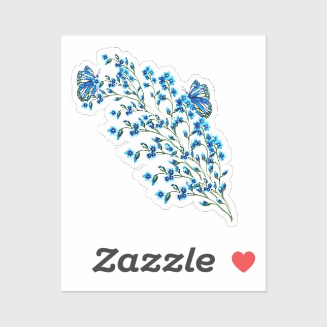 Blaue Blüten mit Schmetterling Aufkleber (Blatt)