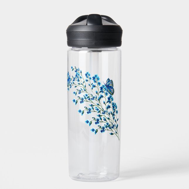 Blaue Blüten mit Schmetterling Trinkflasche (Vorderseite)