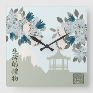 Blaue Blüten Rose Orientale Blumenlandschaft Kunst Quadratische Wanduhr