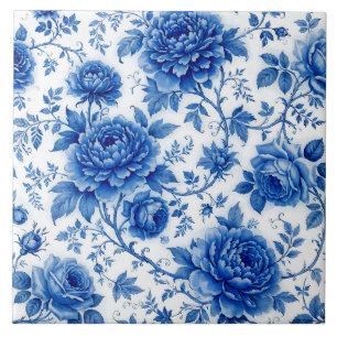 Blaue Blüten Rosen Pfingstrosen Kobaltblau Weiß Fliese