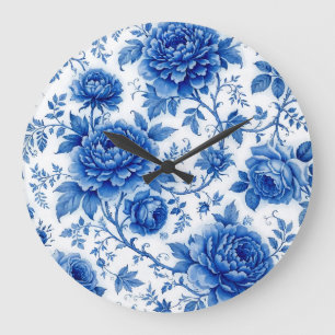 Blaue Blüten Rosen Pfingstrosen Kobaltblau Weiß Große Wanduhr
