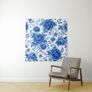 Blaue Blüten Rosen Pfingstrosen Kobaltblau Weiß Wandteppich