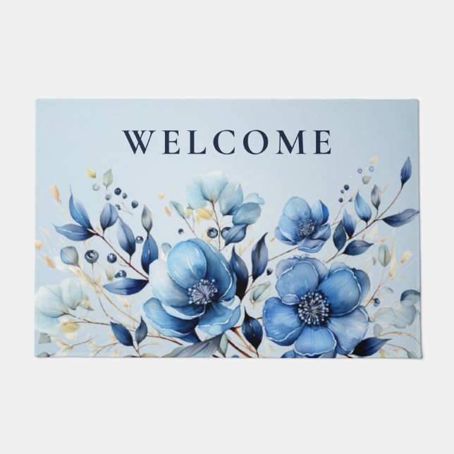Blaue Blüten Wasserfarbe Doormat Fußmatte (Vorderseite)
