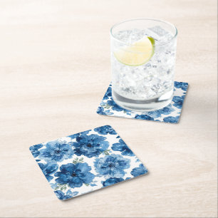 Blaue Blüten Wasserfarbe Floral Botanisch Weiß Rechteckiger Pappuntersetzer