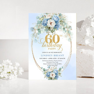 Blaue Blüten weiße Pfingstrose Gold 60. Geburtstag Einladung
