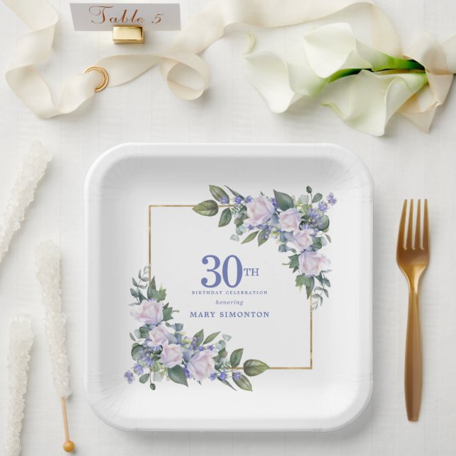 Blaue Blütenblume, 30. Geburtstag Party Pappteller (Hochzeit)